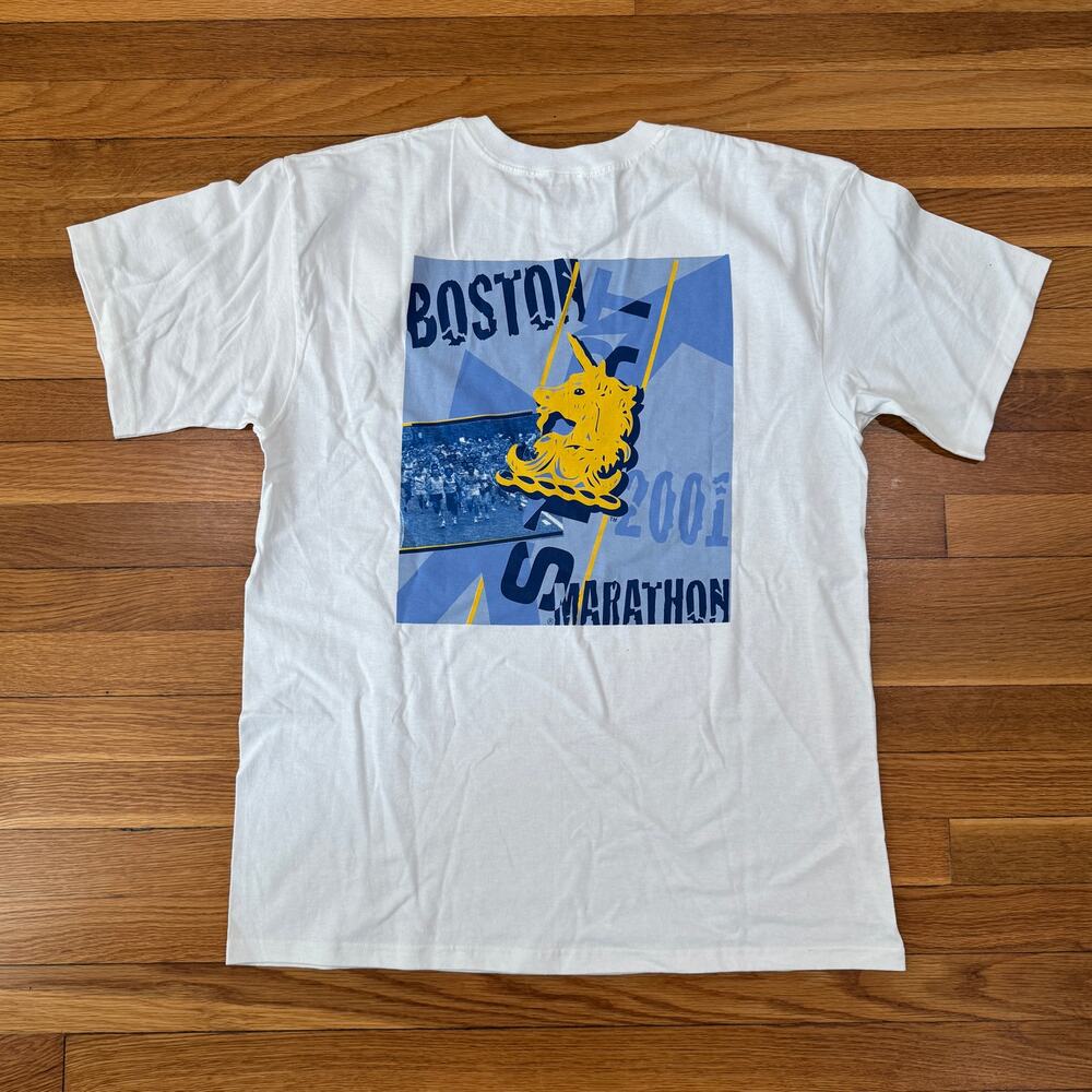 Vintage 2001 Boston Marathon T-Shirt Mens Large White Y2K Running NWOT